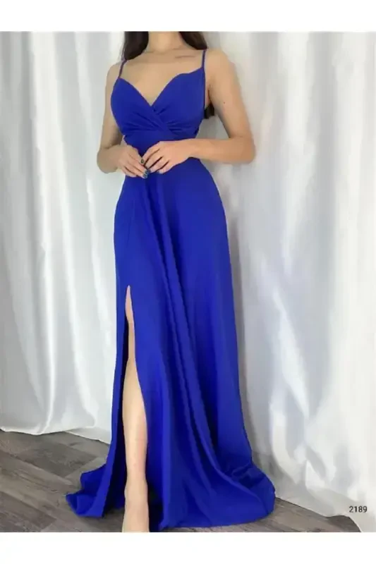 Сакс Мависы Креп Кумаш Йыртмач Детайлы Абие Эльбисе-МАВИ - LACASE