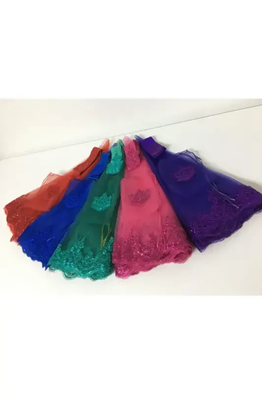 Saks Moviy Yaltiroq Gipyurli Kelin Roʻmoli Toʻplami Toʻy Xina Kechasi Yuz Niqobi Roʻmol Kamar Qoʻlqop-Saks Moviy - 3