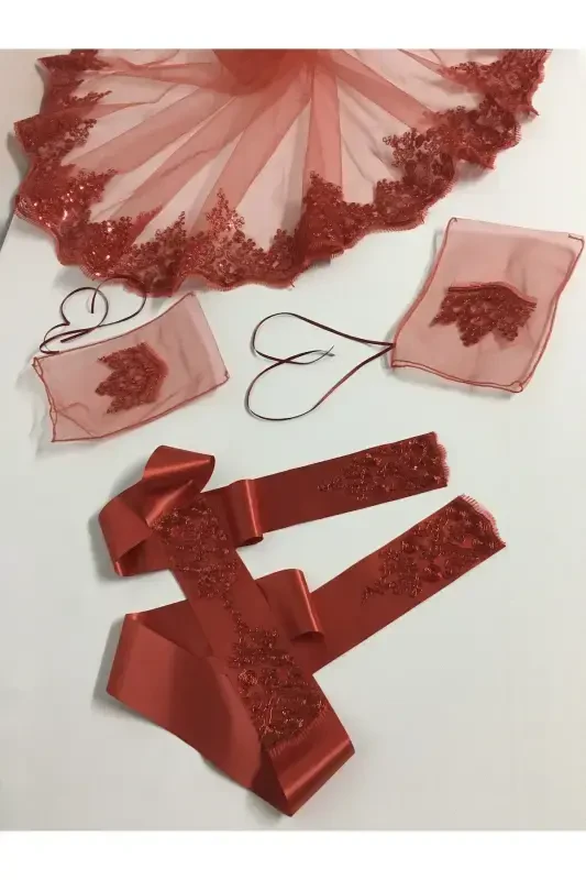 Saks Moviy Yaltiroq Gipyurli Kelin Roʻmoli Toʻplami Toʻy Xina Kechasi Yuz Niqobi Roʻmol Kamar Qoʻlqop-Saks Moviy - 4