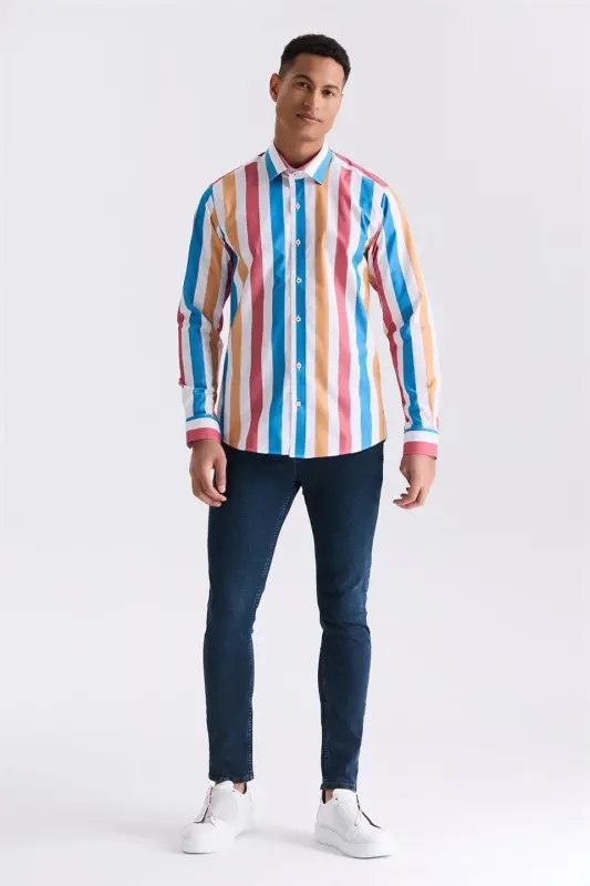 Saks Slim Fit Chiziqli %100 paxta ko'ylak - 2