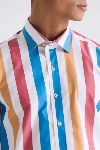 Saks Slim Fit Chiziqli %100 paxta ko'ylak - 3