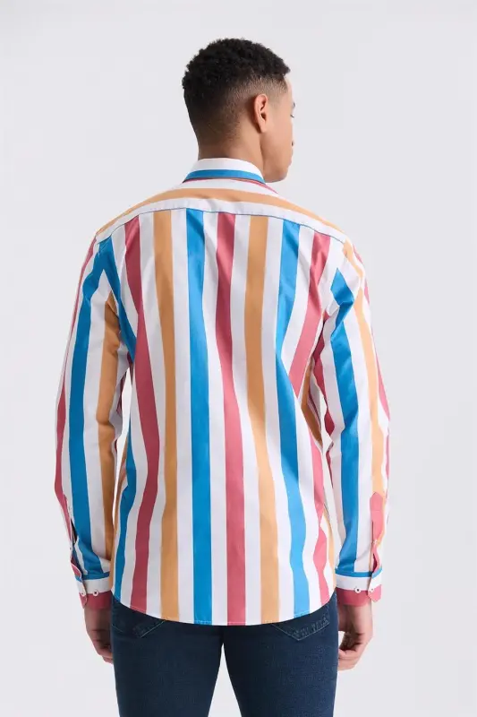 Saks Slim Fit Chiziqli %100 paxta ko'ylak - 4