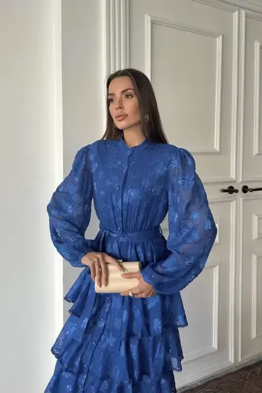 Сакс Валлонский Полосатый Многослойное Платье - 3