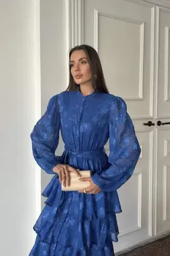 Saks Valonli chiziqli qavat-qavat ko'ylak - 3