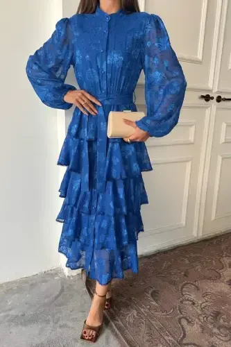 Saks Valonli chiziqli qavat-qavat ko'ylak - 4