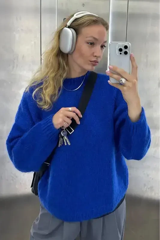 Saks Velosiped Yoqasi Katta O'lchamli Trikotaj Kozok MG1972-Saks - 3