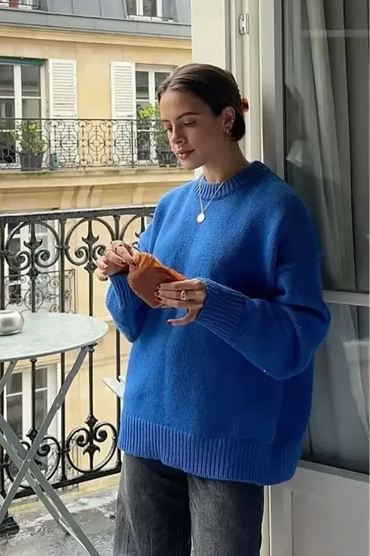 Saks Velosiped Yoqasi Katta O'lchamli Trikotaj Kozok MG1972-Saks - 7