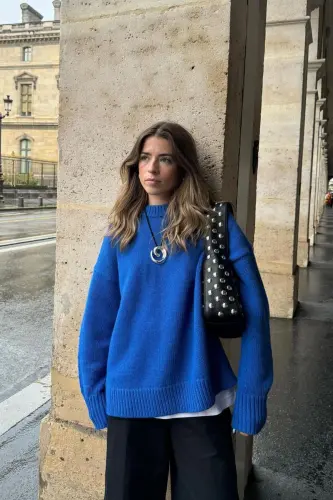 Сакс Велосипедная Горловина Oversize Трикотажный Свитер MG1972-Сакс - 5