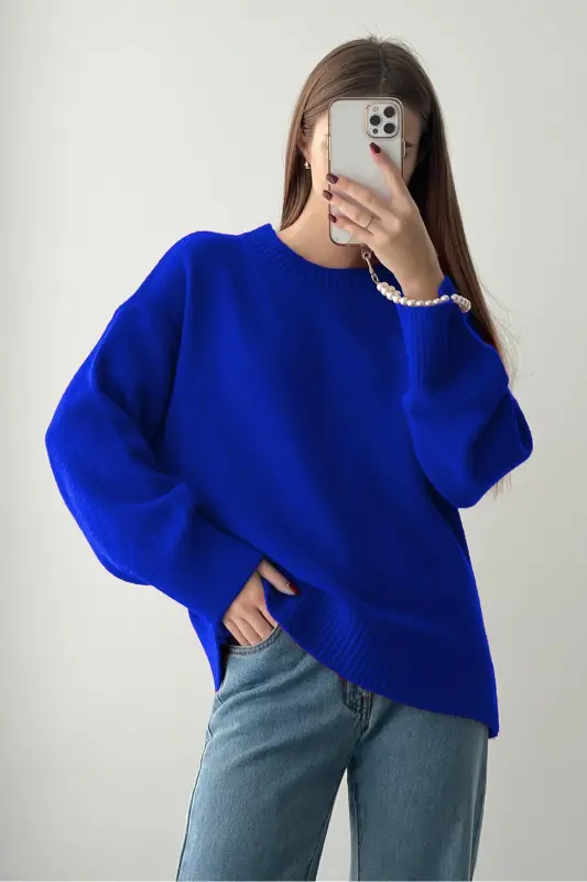 Сакс Велосипедная Горловина Oversize Трикотажный Свитер MG1972-Сакс - 6