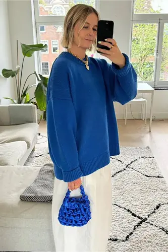 Сакс Велосипедная Горловина Oversize Трикотажный Свитер MG1972-Сакс - 8