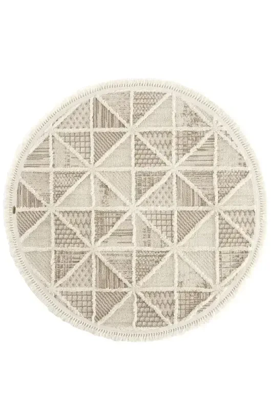 Sakura 2201 Cream Hav Toz Vermez Etnik Desenli Modern Dokuma Yuvarlak Salon Halısı-Krem 2 - 2