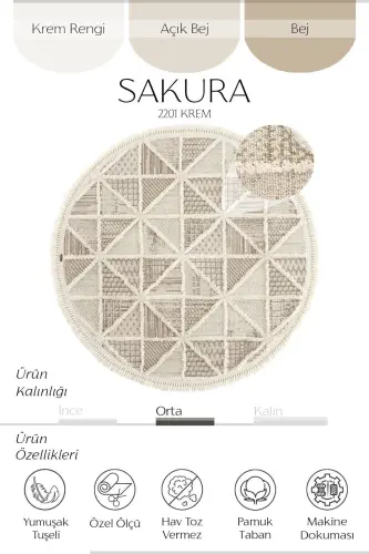 Sakura 2201 Cream Hav Toz Vermez Etnik Desenli Modern Dokuma Yuvarlak Salon Halısı-Krem 2 - 3