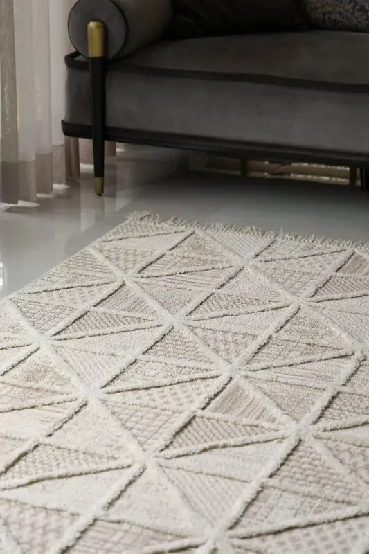 Sakura 2201 Krem Hav Chang'i Chiqarmaydigan Etnik Naqshli Zamonaviy To'qilgan Bukleli Mehmonxona Gilami - 7