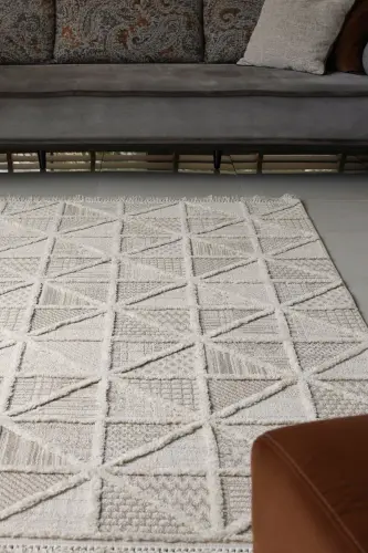 Sakura 2201 Krem Hav Toz Vermez Etnik Desenli Modern Dokuma Bukleli Salon Halısı - Krem - 4