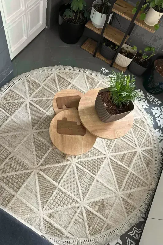 Sakura 2201 Krem Hav Toz Vermez Etnik Desenli Modern Dokuma Yuvarlak Salon Halısı-Krem 2 - 1