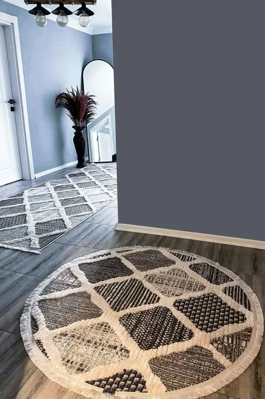 Sakura 2202 Gray Non-Shedding Ethnic Patterned Modern Woven Round Living Room Rug-Gray 10 - 2