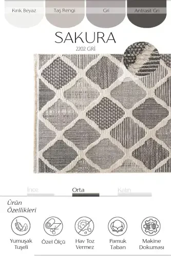 Sakura 2202 Grey Hav Non-Shedding Ethnic Patterned Modern Woven Boucle Living Room Rug-Grey 1 - 3