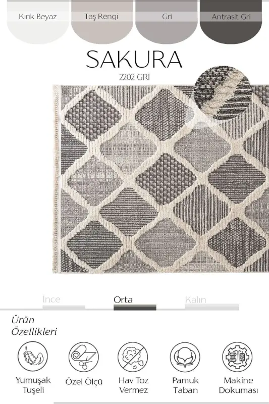 Sakura 2202 Grey Hav Non-Shedding Ethnic Patterned Modern Woven Boucle Living Room Rug-Grey 1 - 4