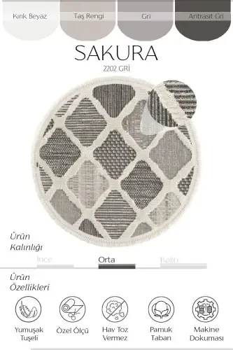 Sakura 2202 Серый Безворсовый Этнический Узор Современный Тканый Круглый Ковер для Гостиной - Серый 10 - 3