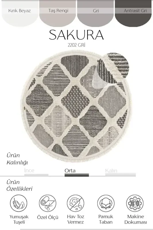 Sakura 2202 Серый Безворсовый Этнический Узор Современный Тканый Круглый Ковер для Гостиной - Серый 10 - 3