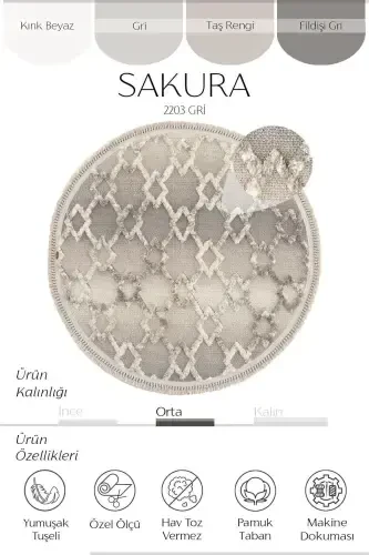 Sakura 2203 Grey Hav Non-Dusting Ethnic Patterned Modern Woven Round Living Room Carpet-Grey 11 - COOL HALI (1)