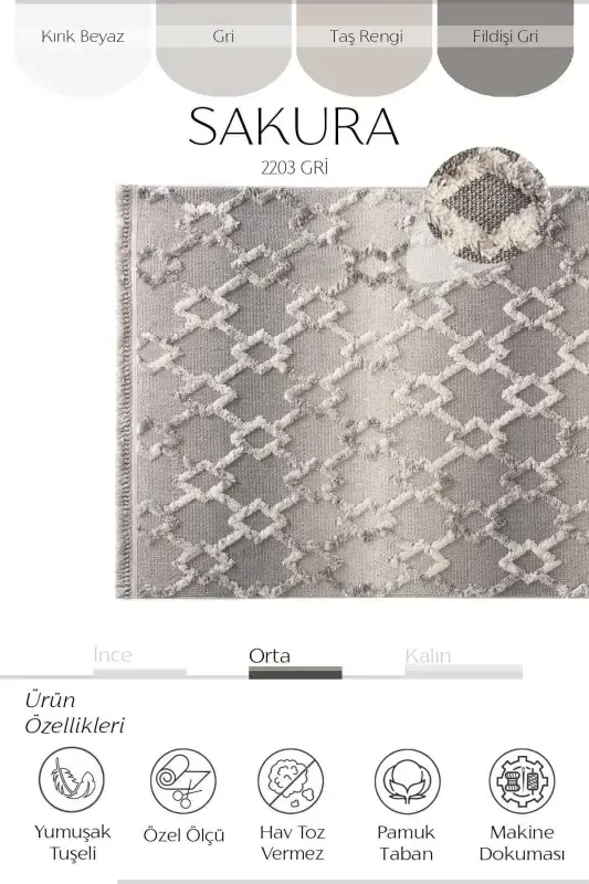 Sakura 2203 Grey Hav Non-Shedding Ethnic Patterned Modern Woven Boucle Living Room Rug-Grey 3 - 1