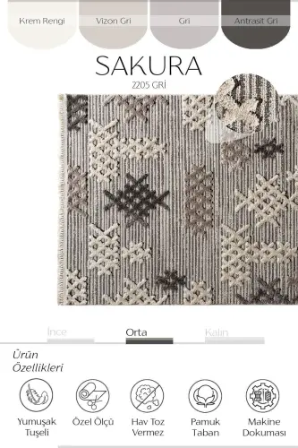 Sakura 2205 Gri Hav Toz Vermez Etnik Desenli Modern Dokuma Bukleli Salon Halısı - Gri 7 