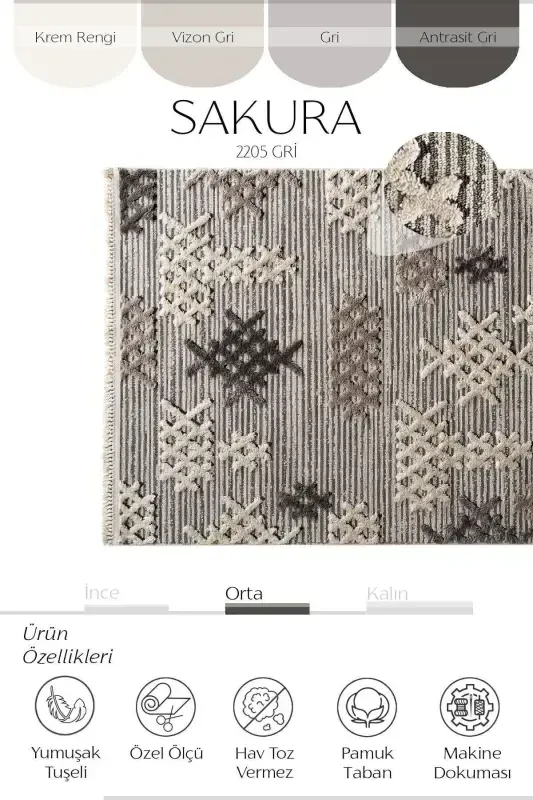 Sakura 2205 Серый Безворсовый Этнический Узор Современный Тканый Буклированный Ковер для Гостиной-Серый 7 - COOL HALI