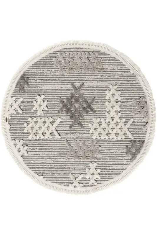 Sakura 2205 Серый Безворсовый Этнический Узор Современный Тканый Круглый Ковер для Гостиной - Серый 13 - 3