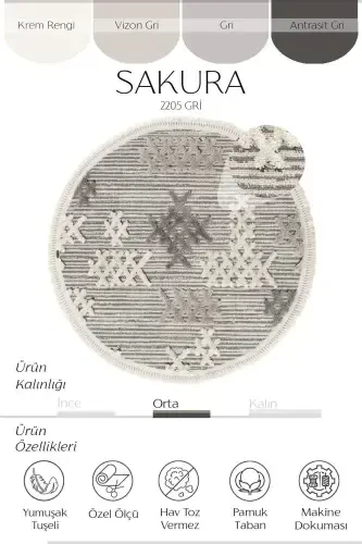 Sakura 2205 Серый Безворсовый Этнический Узор Современный Тканый Круглый Ковер для Гостиной - Серый 13 - 4