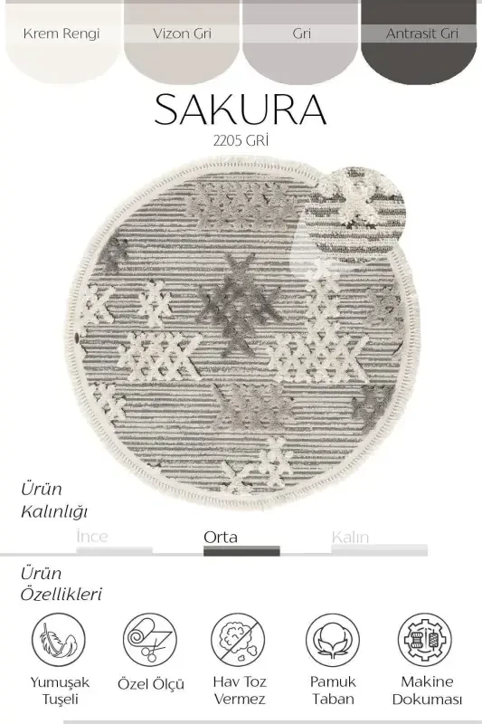 Sakura 2205 Серый Безворсовый Этнический Узор Современный Тканый Круглый Ковер для Гостиной - Серый 13 - 4