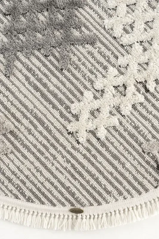 Sakura 2205 Серый Безворсовый Этнический Узор Современный Тканый Круглый Ковер для Гостиной - Серый 13 - 5