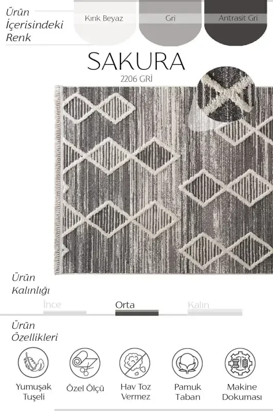 Sakura 2206 Grey Hav Non-Shedding Ethnic Patterned Modern Woven Boucle Living Room Rug-Grey 9 - 3