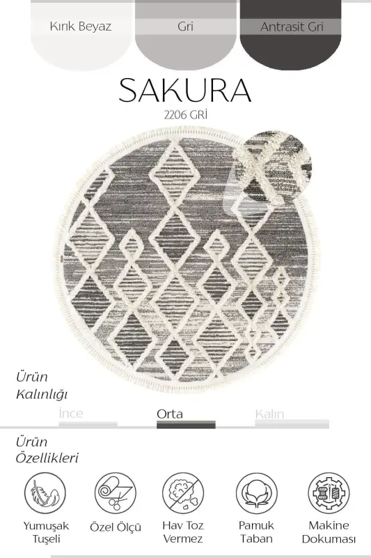 Sakura 2206 Grey Non-Shedding Ethnic Patterned Modern Woven Round Living Room Rug-Grey 14 - 7