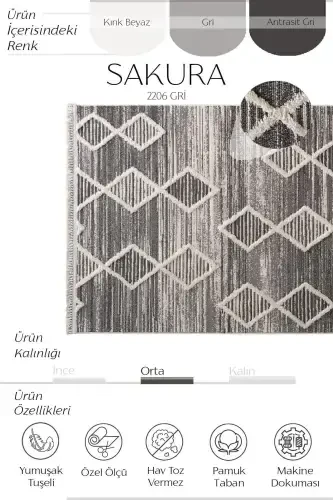 Sakura 2206 Гри Hav Toz Vermez Etnik Desenli Modern Dokuma Bukleli Salon Halısı-Gri 9 - 3