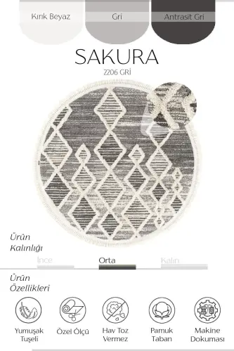 Sakura 2206 Gri Hav Toz Vermez Etnik Desenli Modern Dokuma Yuvarlak Salon Halısı (xxx) - Gri 14 - 7