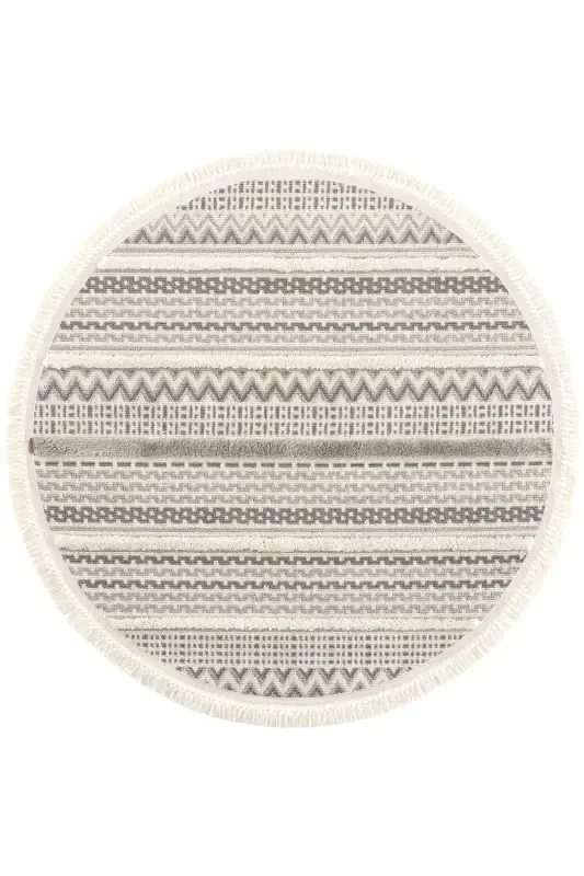 Sakura 2207 Kulrang Tuk Qoldirmaydigan Etnik Naqshli Zamonaviy To'qilgan Dumaloq Salon Gilami - Kulrang 16 - 1