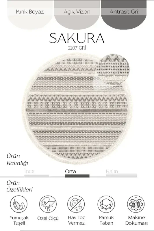 Sakura 2207 Kulrang Tuk Qoldirmaydigan Etnik Naqshli Zamonaviy To'qilgan Dumaloq Salon Gilami - Kulrang 16 - 2