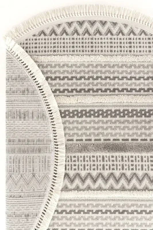 Sakura 2207 Kulrang Tuk Qoldirmaydigan Etnik Naqshli Zamonaviy To'qilgan Dumaloq Salon Gilami - Kulrang 16 - 4