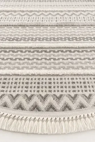 Sakura 2207 Kulrang Tuk Qoldirmaydigan Etnik Naqshli Zamonaviy To'qilgan Dumaloq Salon Gilami - Kulrang 16 - 5