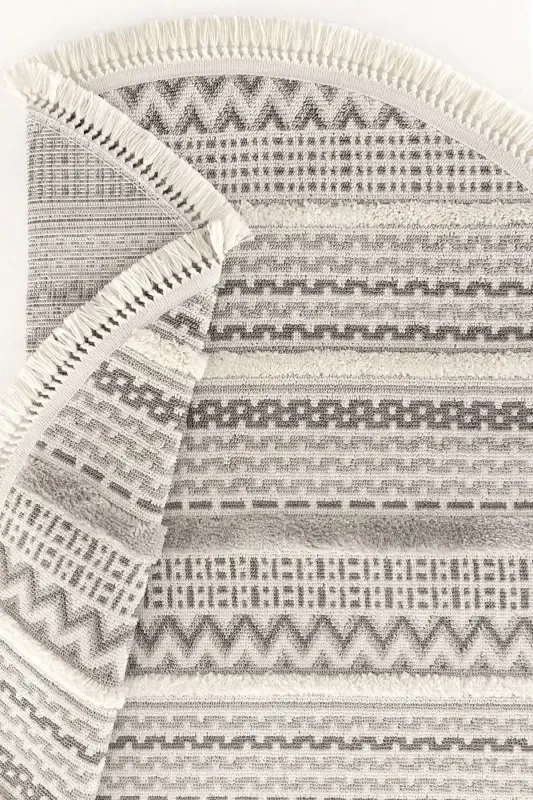 Sakura 2207 Kulrang Tuk Qoldirmaydigan Etnik Naqshli Zamonaviy To'qilgan Dumaloq Salon Gilami - Kulrang 16 - 6