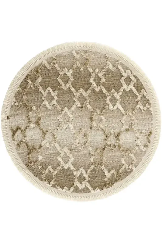 Sakura 2208 Mink Non-Dusting Ethnic Patterned Modern Woven Round Living Room Carpet-Mink 1 - 1