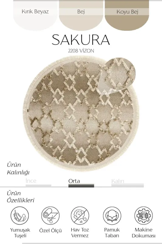 Sakura 2208 Mink Non-Dusting Ethnic Patterned Modern Woven Round Living Room Carpet-Mink 1 - 2