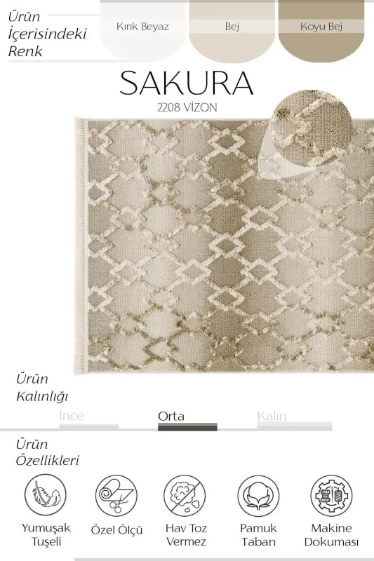 Sakura 2208 Vizon Hav Toz Vermez Etnik Desenli Modern Dokuma Bukleli Salon Halısı - Vizon - 2