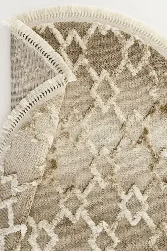 Sakura 2208 Vizon Hav Toz Vermez Etnik Desenli Modern Dokuma Yuvarlak Salon Halısı-Vizon 1 - 6