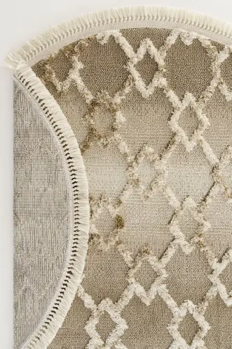 Sakura 2208 Vizon Hav Toz Vermez Etnik Desenli Modern Dokuma Yuvarlak Salon Halısı - Vizon 1 - 4