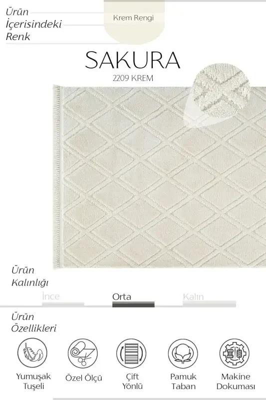 Sakura 2209 Krem Hav Toz Bermas Etnik Naqshli Zamonaviy To'quv Bukleli Salon Gilami Sss-Krem 5 - 4