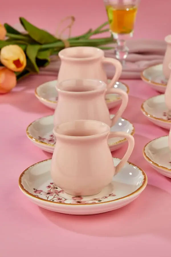 Sakura Blossom Pink 12 Piece Luxury Ceramic Coffee Cup Set, Turkish Coffee Cup - 5