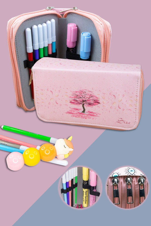 Sakura Themed Three-Compartment Vegan Leather Pencil Case - 1