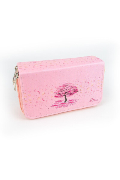 Sakura Themed Three-Compartment Vegan Leather Pencil Case - 2